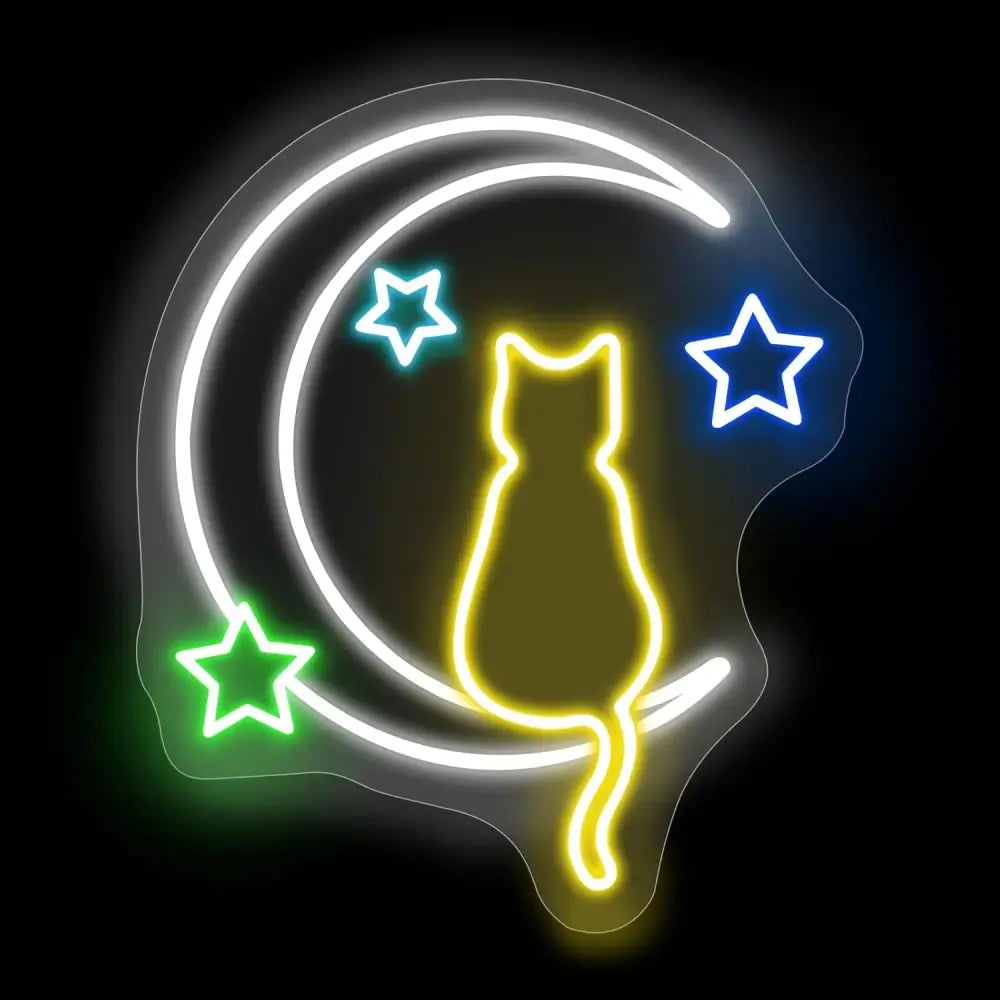 Anime cat moon neon sign featuring a yellow cat silhouette on white crescent moon with colorful led neon stars