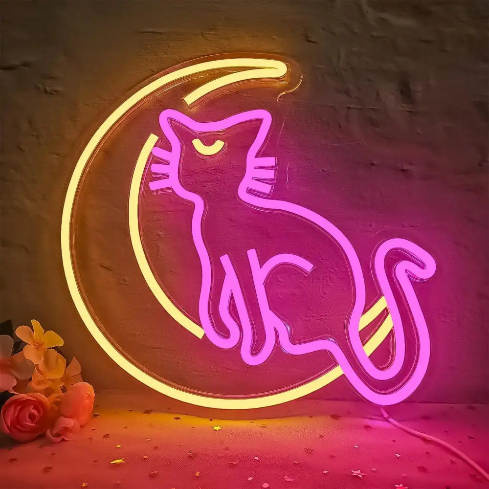 Anime cat moon neon sign featuring a glowing pink cat silhouette on a yellow crescent moon led neon wall decor