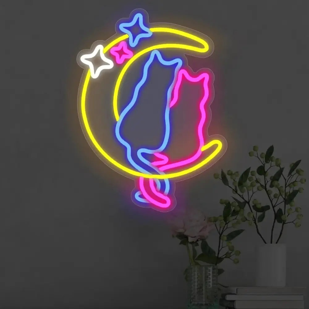 Anime cat moon led neon sign with blue and pink cats on yellow crescent moon and white pink stars wall decor