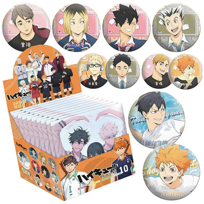 Orange cardboard box containing haikyuu anime character badge set with 10-piece brooch decorations