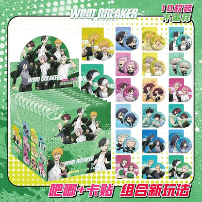 Anime character badge set featuring green and yellow wind breaker designs in a 10-piece brooch collection