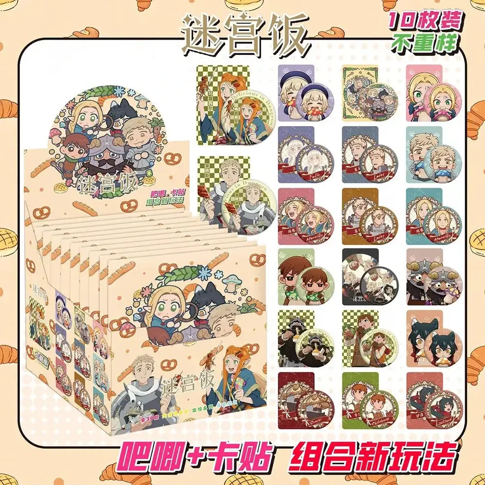 A colorful anime character badge set featuring 10 cartoon-style pins and stickers from the mystery dinner series