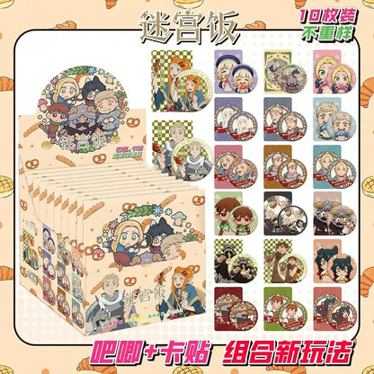 A colorful anime character badge set featuring 10 cartoon-style pins and stickers from the mystery dinner series