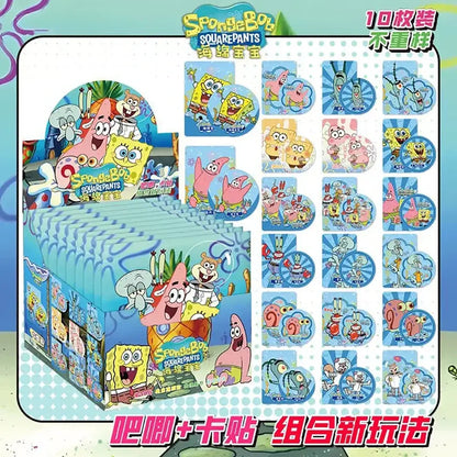 Colorful spongebob squarepants anime character badge set with 10 circular and rectangular character badges on blue background