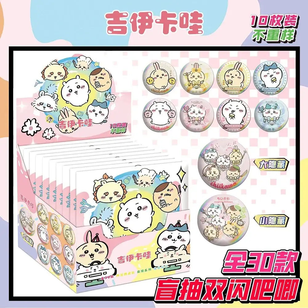 A colorful character badge set of 30 round anime character badges featuring cute chiikawa cartoon designs