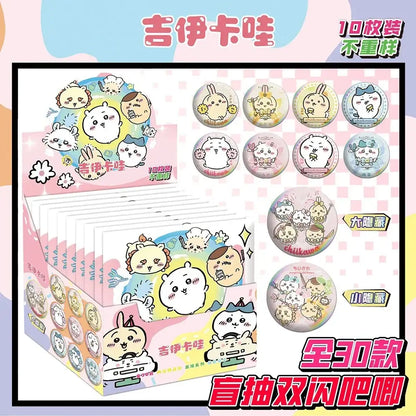 A colorful character badge set of 30 round anime character badges featuring cute chiikawa cartoon designs