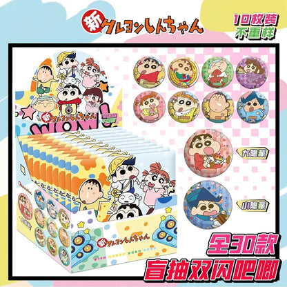 A colorful set of 10 shin-chan anime character badges featuring vibrant cartoon illustrations on plastic buttons
