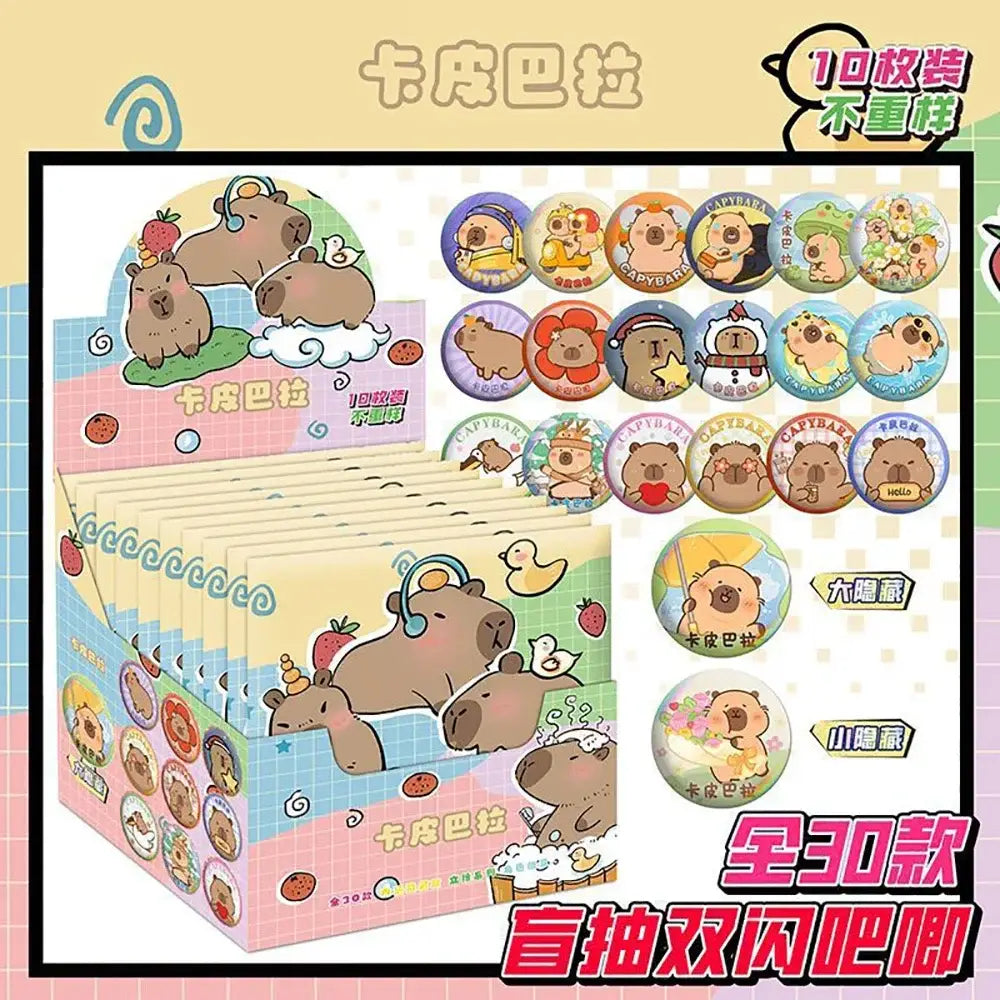 A collection of 30 round glossy button pins featuring cute cartoon capybaras in various poses from anime character badge set
