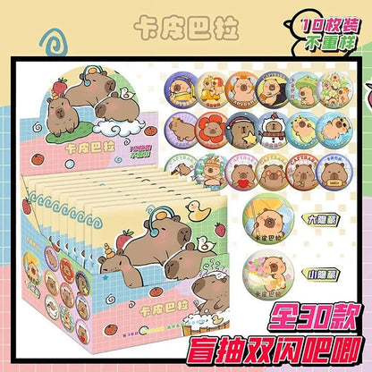 A collection of 30 round glossy button pins featuring cute cartoon capybaras in various poses from anime character badge set