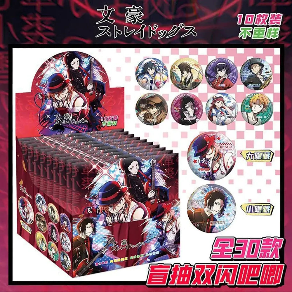 Anime character badge set featuring 10 red and black blind box style character badges for brooch decoration