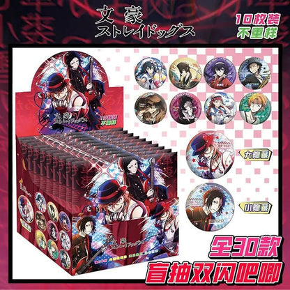 Anime character badge set featuring 10 red and black blind box style character badges for brooch decoration