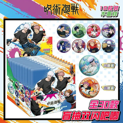 Anime character badge set featuring 10 assorted colorful Jujutsu Kaisen character pins for brooch decorations