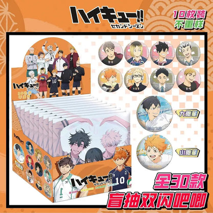 Orange cardboard box of haikyuu anime character badge set with 30 collectible button badges for brooch decorations