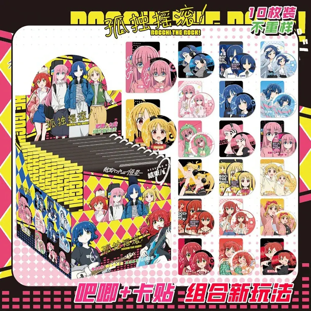 Colorful anime character badge set featuring rokuchu the rock pins and stickers with pink blue yellow and red hair colors
