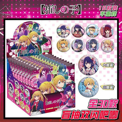 Pink and purple themed oshi no ko anime character badge set featuring 30 unique button badges in a 10-piece brooch pack