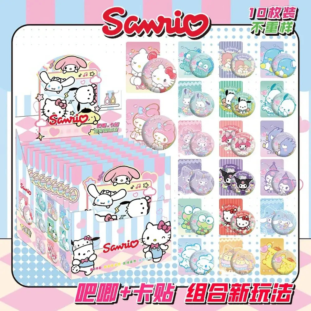A pastel-colored anime character badge set featuring 10 sanrio-themed circular stickers in various designs packaged together