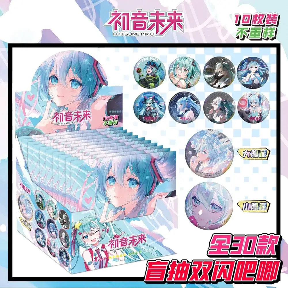 A set of 10 hatsune miku themed anime character badge set with turquoise and pink glossy circular button badges