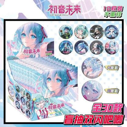 A set of 10 hatsune miku themed anime character badge set with turquoise and pink glossy circular button badges