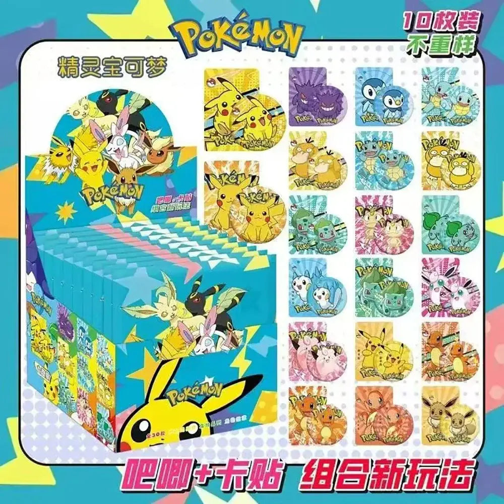 Blue anime character badge set display box featuring colorful cartoon character stickers for brooch decorations