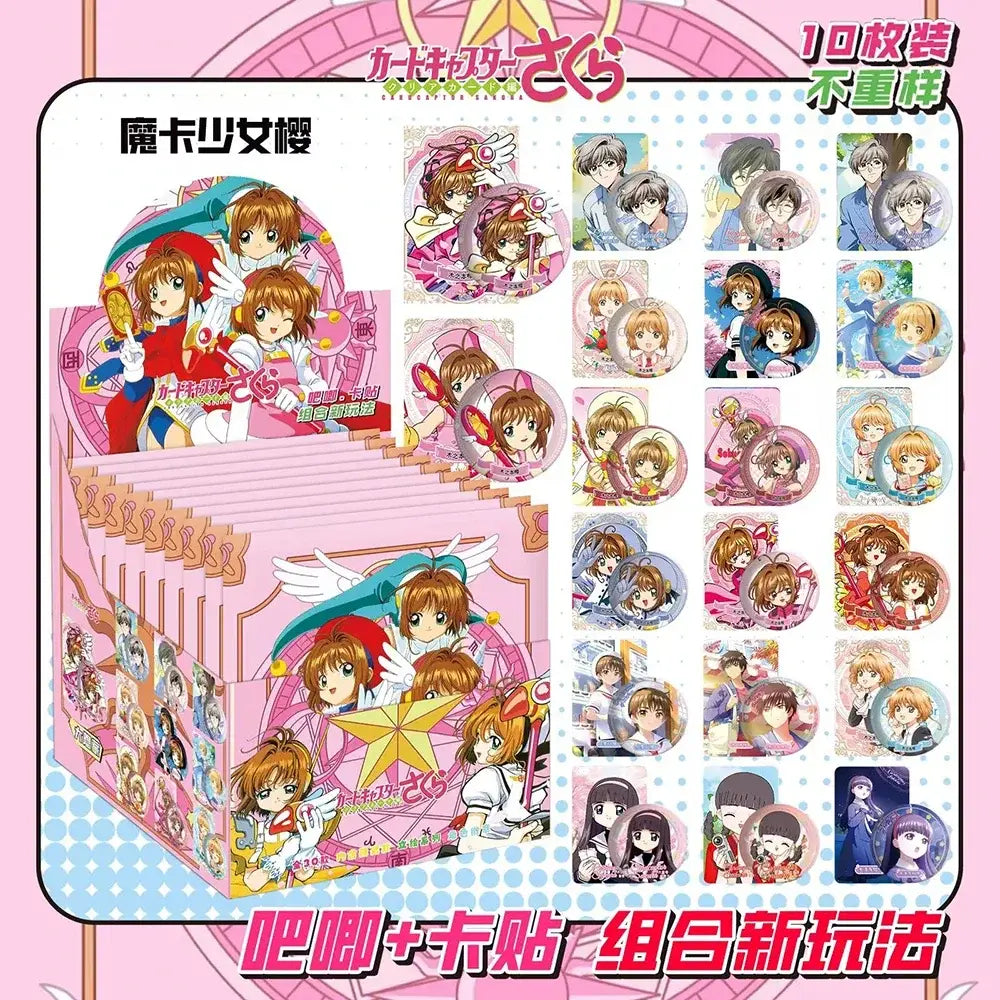 Pink cardboard box of cardcaptor sakura anime character badge set with 10-piece brooch decorations and stickers