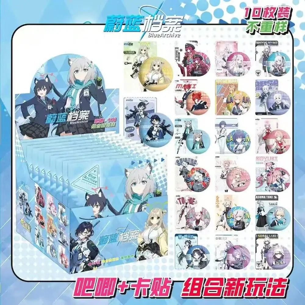 Blue archive themed anime character badge set with 10 colorful character designs in a blue and white box