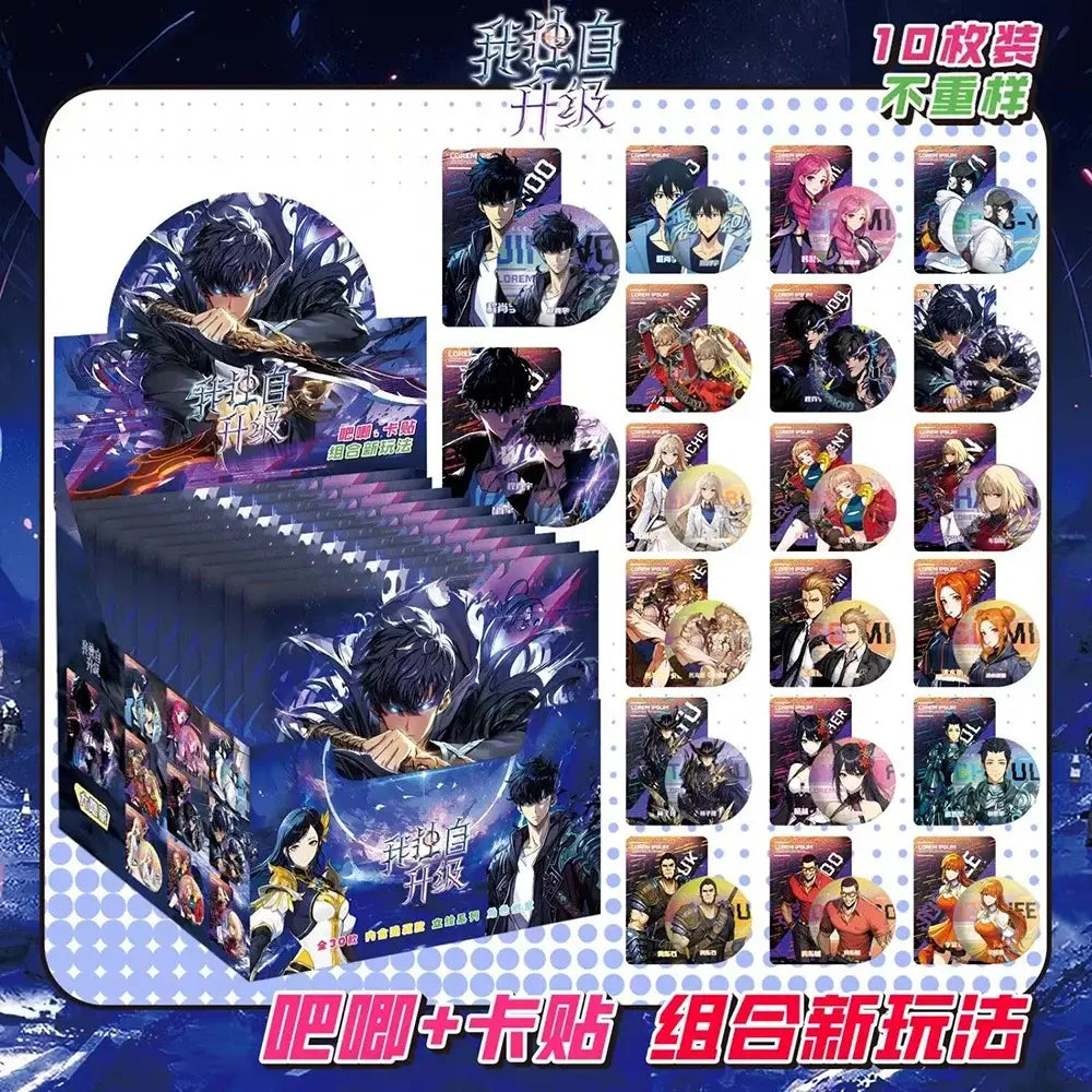A 10-piece anime character badge set featuring circular anime character pins from i am solo upgrading series displayed on a promotional box