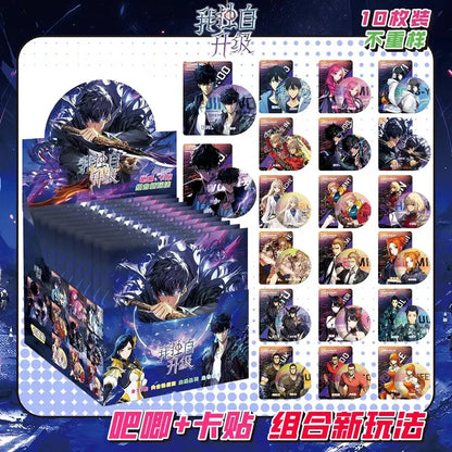 A 10-piece anime character badge set featuring circular anime character pins from i am solo upgrading series displayed on a promotional box