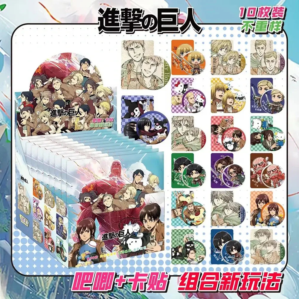 Assorted round anime character badges featuring attack on titan characters in colorful illustrated packaging set of 10