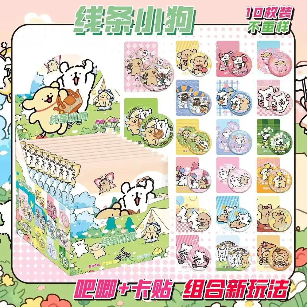 A colorful anime character badge set featuring 10 cartoon-style circular stickers with cute playful puppies
