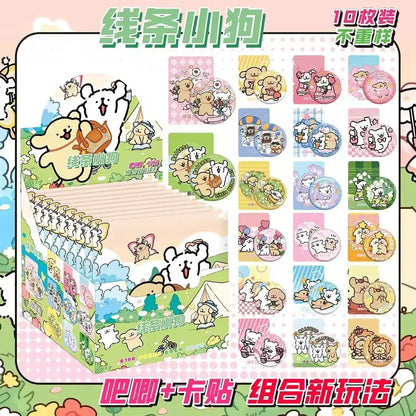 A colorful anime character badge set featuring 10 cartoon-style circular stickers with cute playful puppies