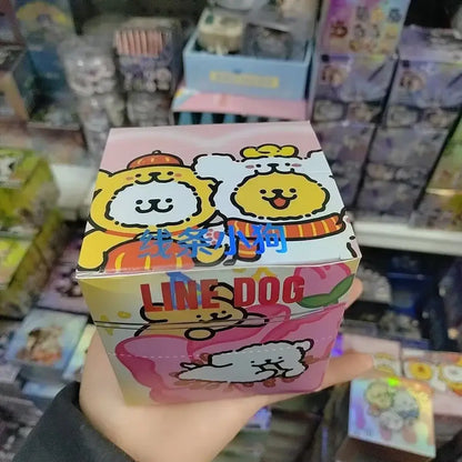 Anime character badge set with pink and yellow line dog collectible box featuring cartoon dogs in orange hats and scarves