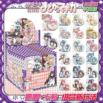 Purple and pink checkered anime character badge set box with lace trim featuring madoka magica characters on sides