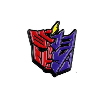 Anime character enamel brooch pin with vibrant red and purple transformers logo and yellow lightning bolt accent