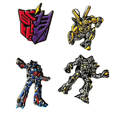 Set of four transformers enamel pins featuring autobot logo bumblebee optimus prime and dark gray robot character gift set