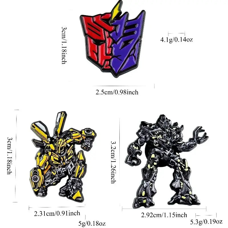 Anime character enamel brooch pin featuring a red and purple transformers logo with a yellow lightning bolt accent