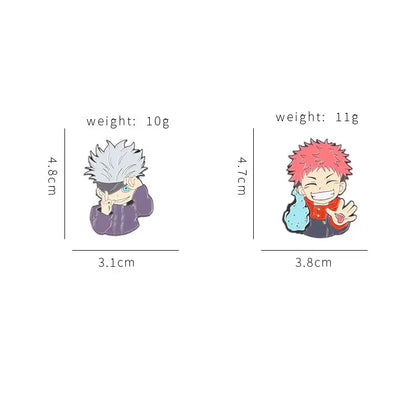 Two anime character enamel pins with vibrant colors featuring spiky white hair and red hair in metal brooch style