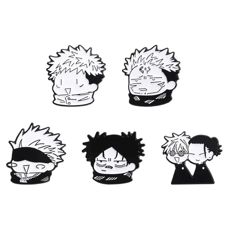 Set of five black and white enamel pins featuring anime character heads with spiky hair and varied expressions