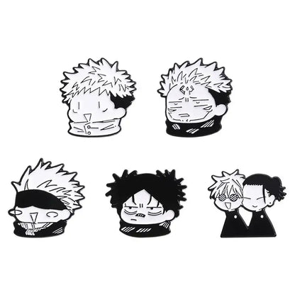 Set of five black and white enamel pins featuring anime character heads with spiky hair and varied expressions