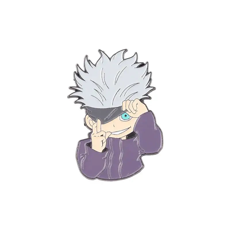 Metal enamel pin featuring a chibi anime character with spiky silver hair, blue eye, visor, and purple jacket