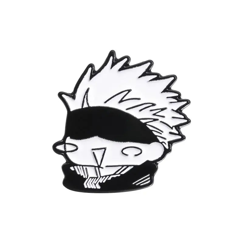 Black and white enamel pin featuring a stylized spiky hair anime character with eye patch and gothic design metal brooch