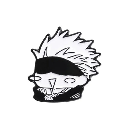 Black and white enamel pin featuring a stylized spiky hair anime character with eye patch and gothic design metal brooch