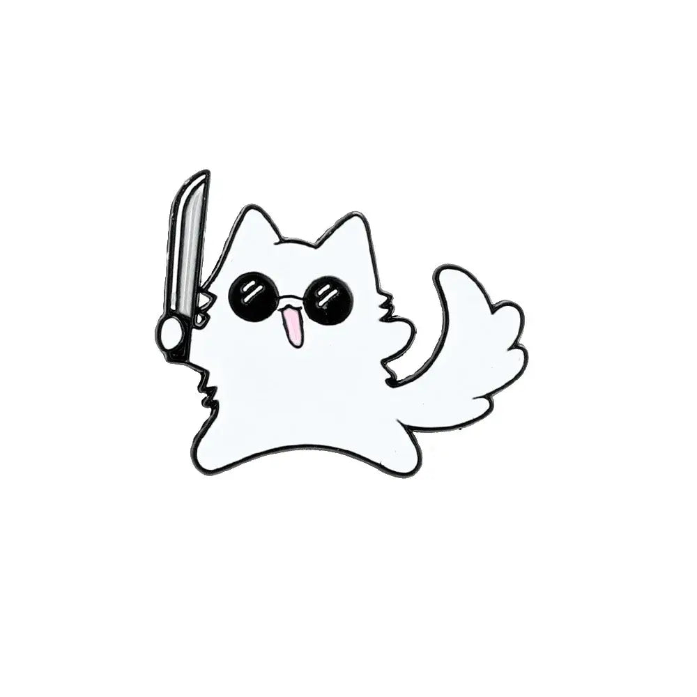 White cartoon cat enamel pin with black outline holding a silver knife and wearing sunglasses metal brooch