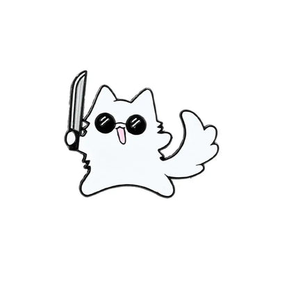 White cartoon cat enamel pin with black outline holding a silver knife and wearing sunglasses metal brooch