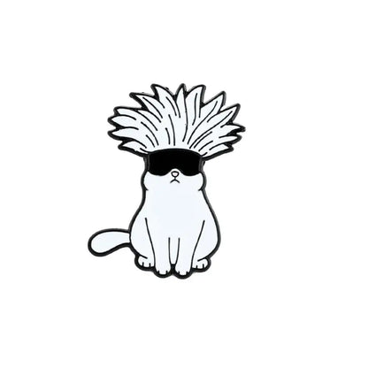 Anime character enamel pin featuring a white cat with spiky white hair and black sunglasses metal brooch design