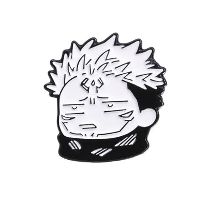 Black and white enamel pin featuring a stylized anime character with spiky hair and bold line art metal brooch
