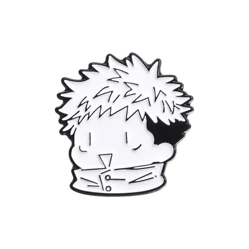 White and black enamel pin featuring a stylized anime character with spiky hair and closed eyes metal brooch