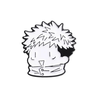 White and black enamel pin featuring a stylized anime character with spiky hair and closed eyes metal brooch