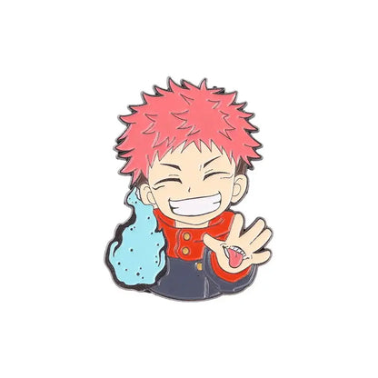 Anime character enamel pin featuring a cheerful red-haired figure holding a blue flame in metal brooch style