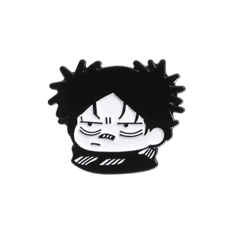 Black and white enamel pin featuring a cartoon anime character with spiky hair and an angry expression metal brooch
