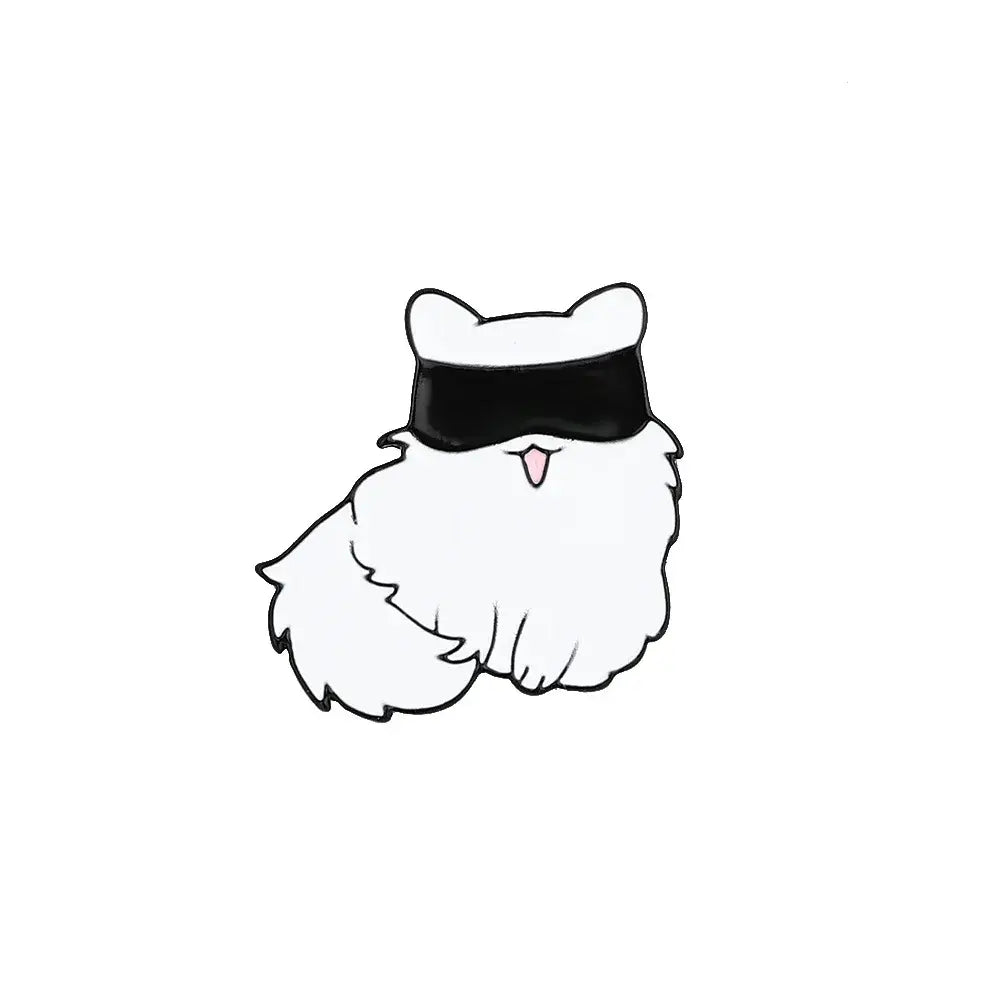 White fluffy cat-shaped enamel pin with black blindfold and pink tongue metal anime character brooch
